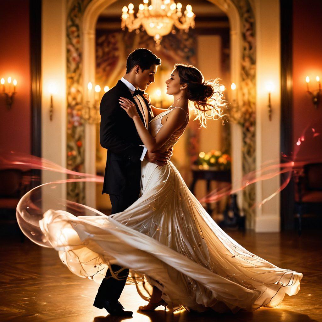 A beautiful couple elegantly dancing in a softly lit, intimate setting, their expressions conveying deep connection and passion. Surrounding them are swirling, ethereal patterns symbolizing the emotions of love and intimacy, while subtle hints of vibrant colors intertwine like ribbons of desire. The background should feel warm and inviting, with romantic elements like softly glowing candles. surreal, vibrant colors. soft focus.