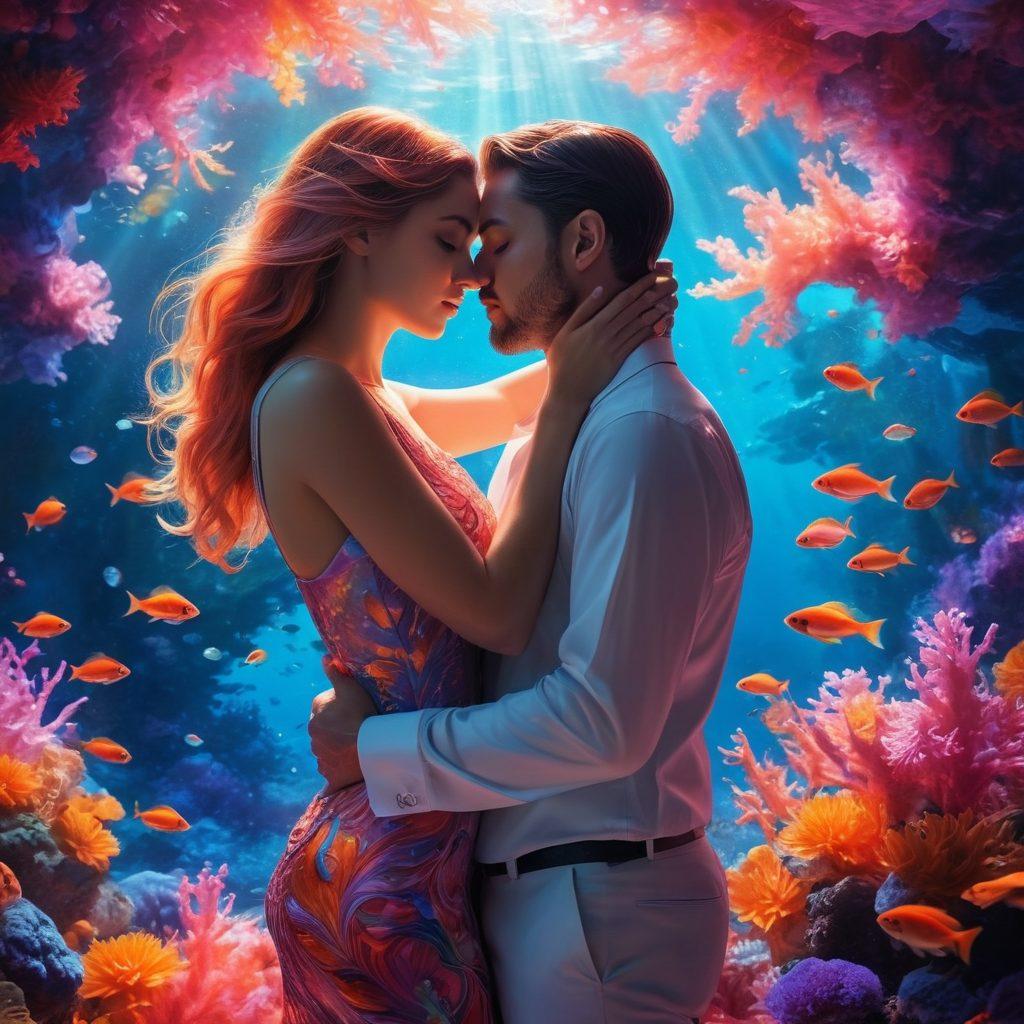 A captivating scene featuring a couple in an intimate embrace, surrounded by swirling, ethereal colors that evoke a sense of desire and passion. The background hints at a dreamlike underwater world filled with luminescent fish and coral formations, symbolizing deep connections. Soft lighting illuminates their expressions, highlighting the emotions of love and sensuality. The atmosphere should feel both serene and exhilarating, inviting the viewer to explore the depths of human connection. surreal art. vibrant colors. 3D.