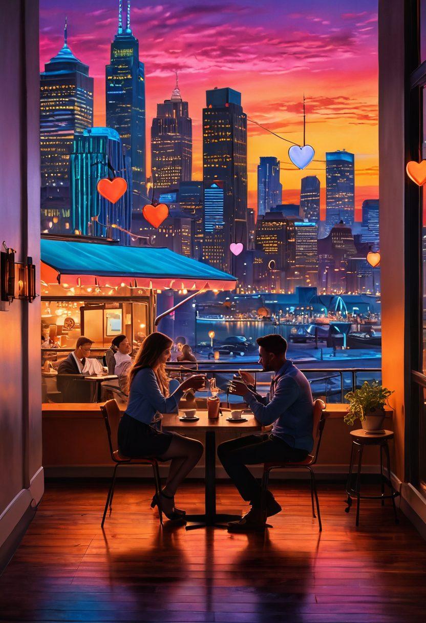 A whimsical scene capturing a romantic café setting with couples engaged in flirtation over coffee, a warm sunset glow illuminating their expressions. In the background, a vibrant city skyline symbolizes electric connections between people, with colorful heart-shaped neon lights glowing. Ethereal floating symbols of intimacy and communication surround them. surreal art, vibrant colors, dreamy atmosphere.